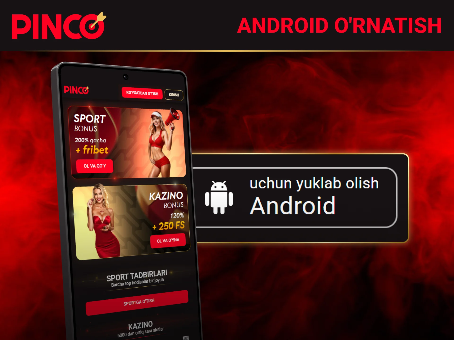 Smartfonlar uchun Android operatsion tizimida Pinco ilovasini oʻrnatish jarayoni.