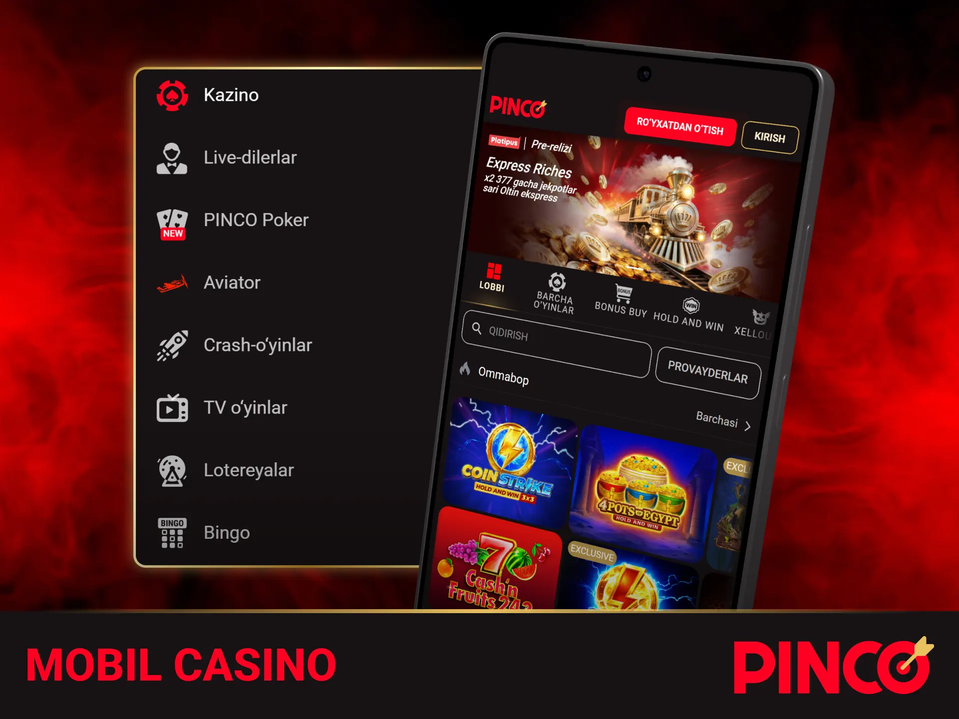 Xilma-xil oʻyinlar jamlangan Pinco ilovasidagi casino boʻlimini kashf eting.