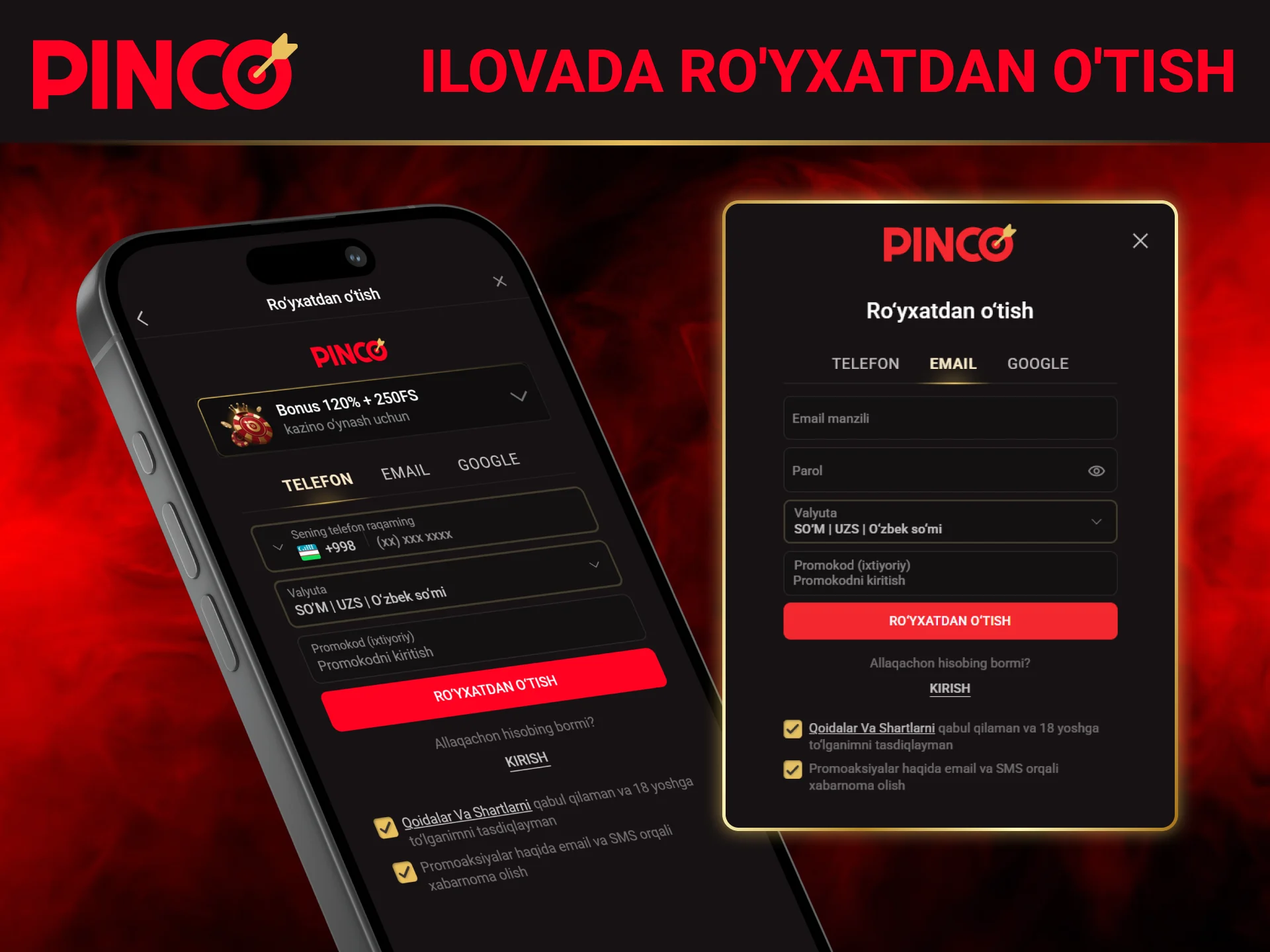 Qulay interfeysli Pinco mobil ilovasi orqali yangi hisob ochish jarayoni.