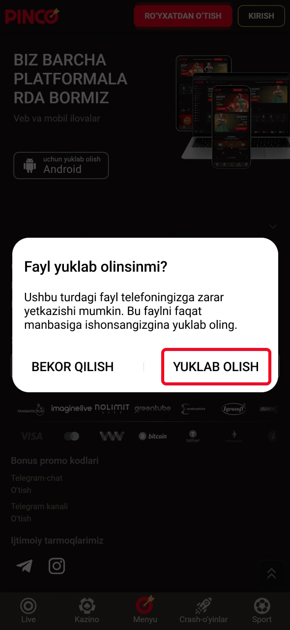 Mobil qurilmangiz ekranida Pinco dasturini yuklab olishni zudlik bilan tasdiqlang.