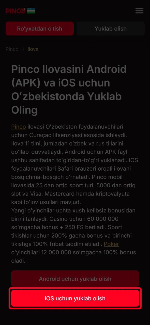 Oʻrnatish jarayonini boshlash uchun Pinco platformasida mos keladigan tugmani bosing.
