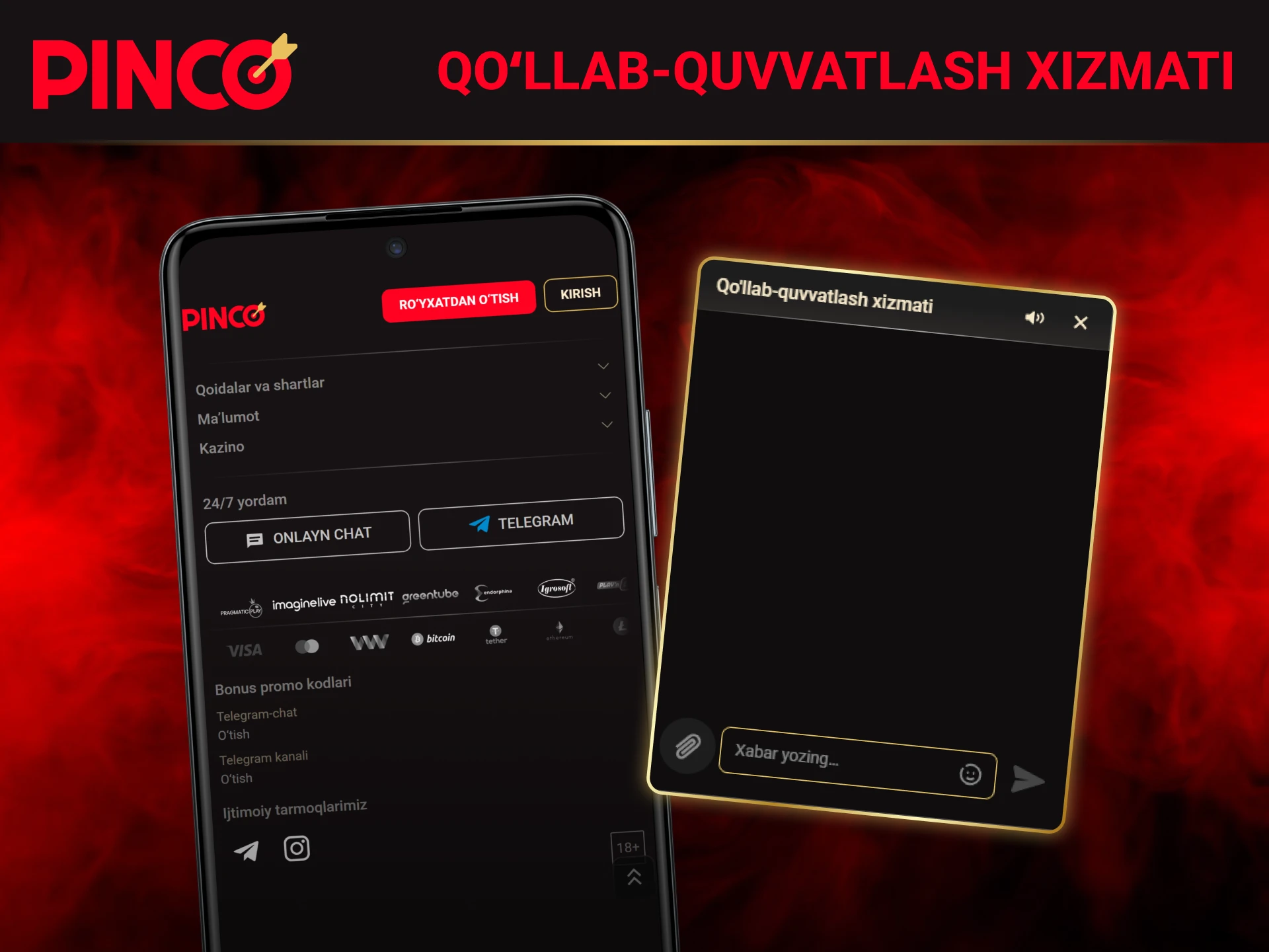 Istalgan savollarga javob olish uchun Pinco mobil ilovasida mijozlarni qoʻllab-quvvatlash.