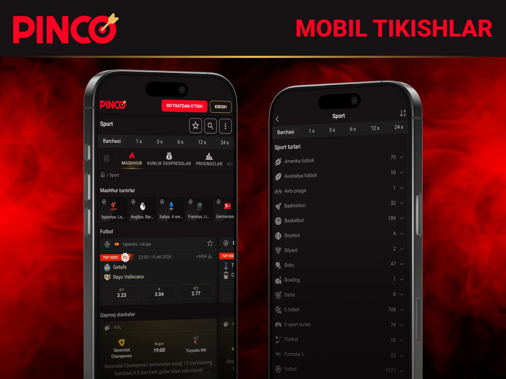 Smartfoningiz ekrani orqali Pinco ilovasida mobil sport tikishlarini amalga oshiring.