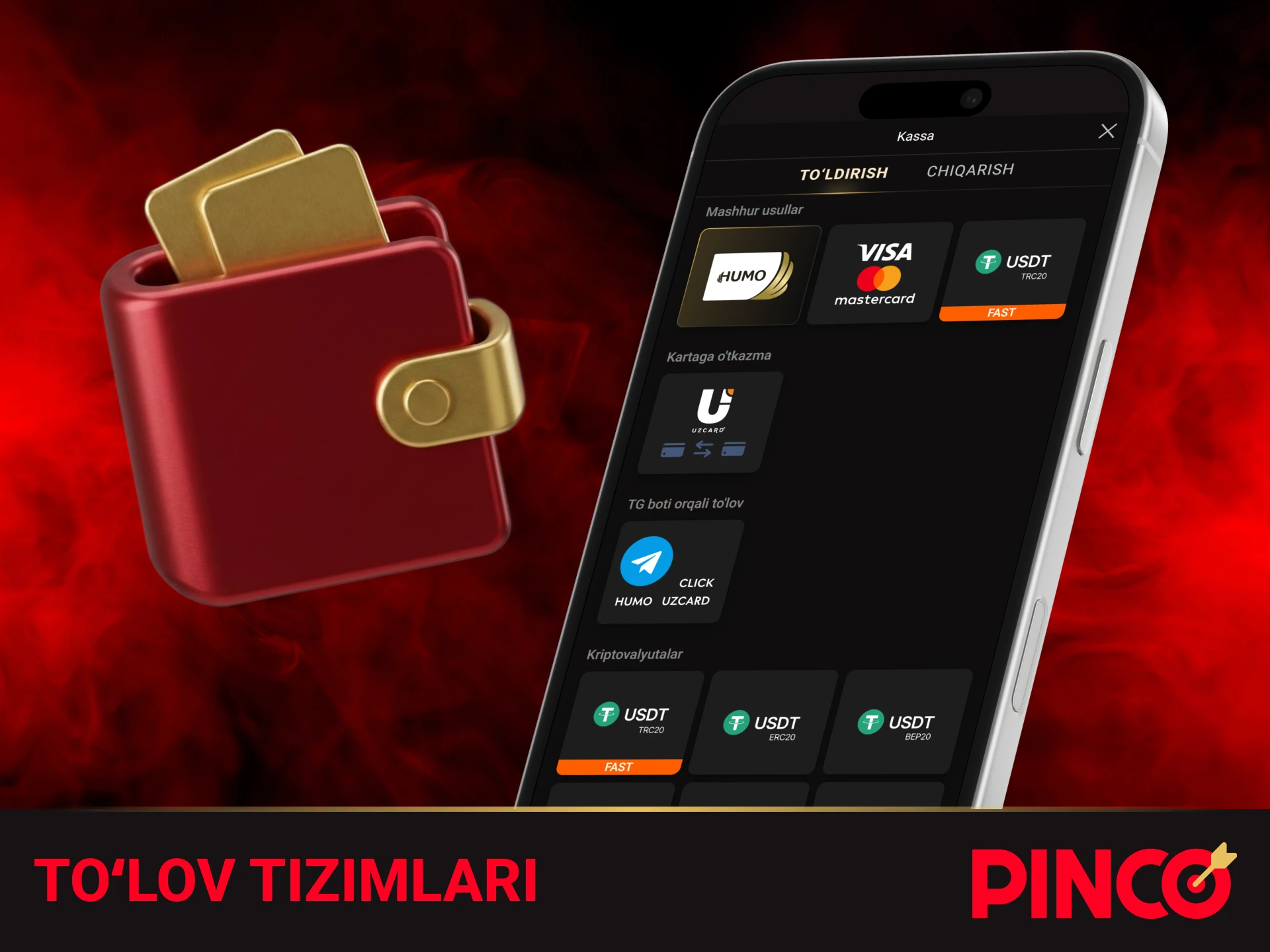 Mobil qurilmalar orqali moliyaviy amallarni bajarish uchun Pinco ilovasida toʻlov tizimlari.