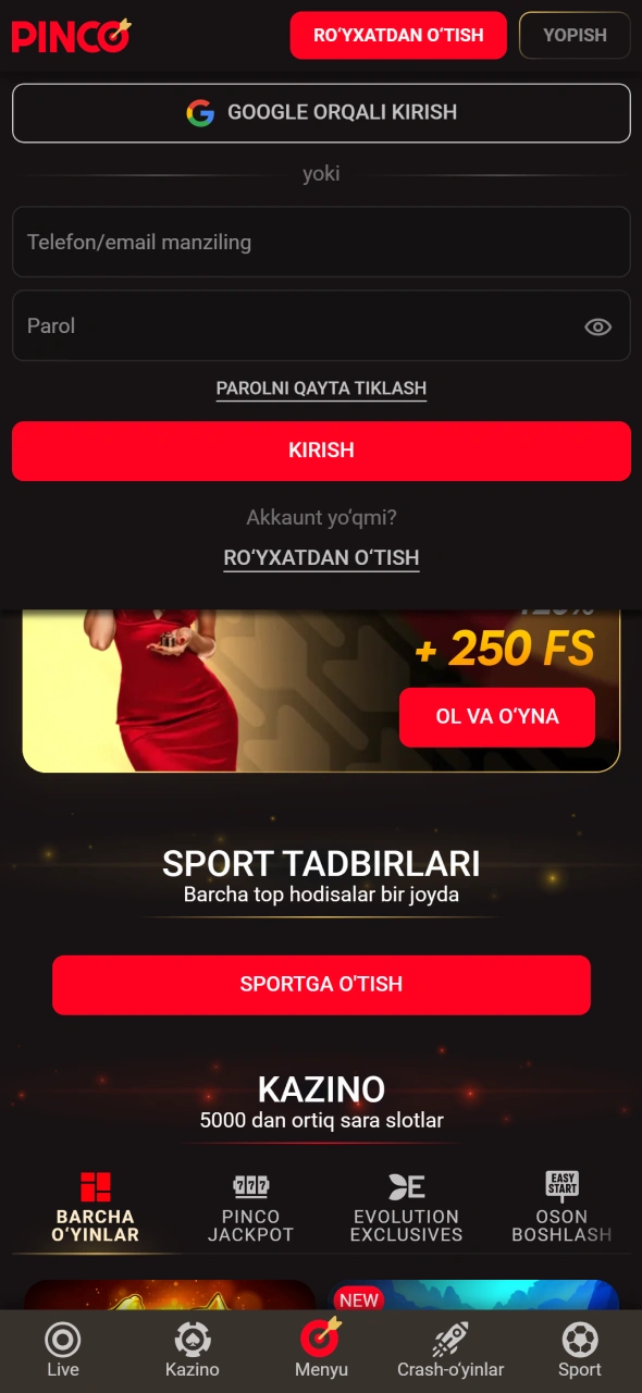 Shaxsiy hisobga kirish uchun Pinco login va parolingizni kiriting.