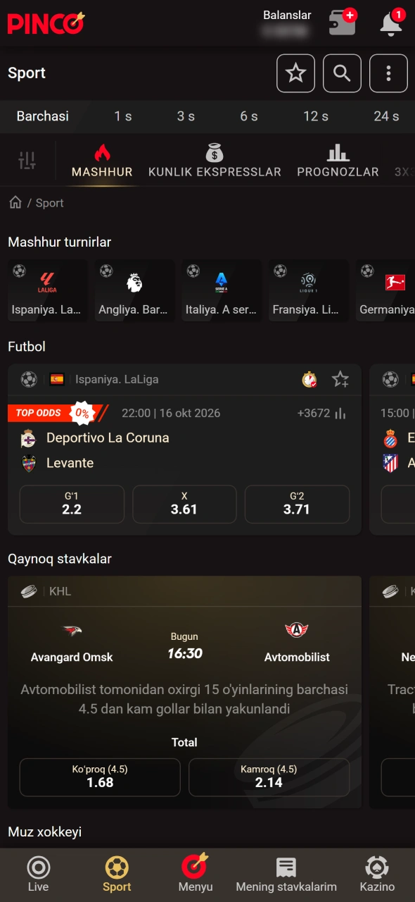 Oʻzingizga maqbul hodisa va koeffitsientni Pinco sproty boʻlimida tanlang.