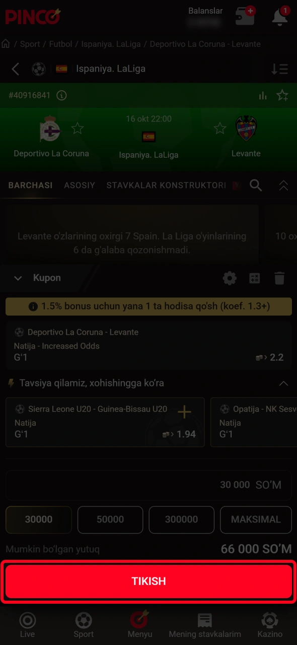 Shakllantirilgan chiptani va tikish summasini Pinco platformasida tasdiqlang.
