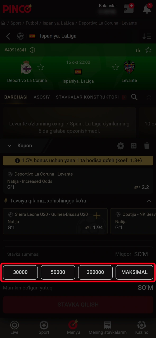 Kiritiladigan tikish turi va summasini Pinco biletida aniq belgilang.