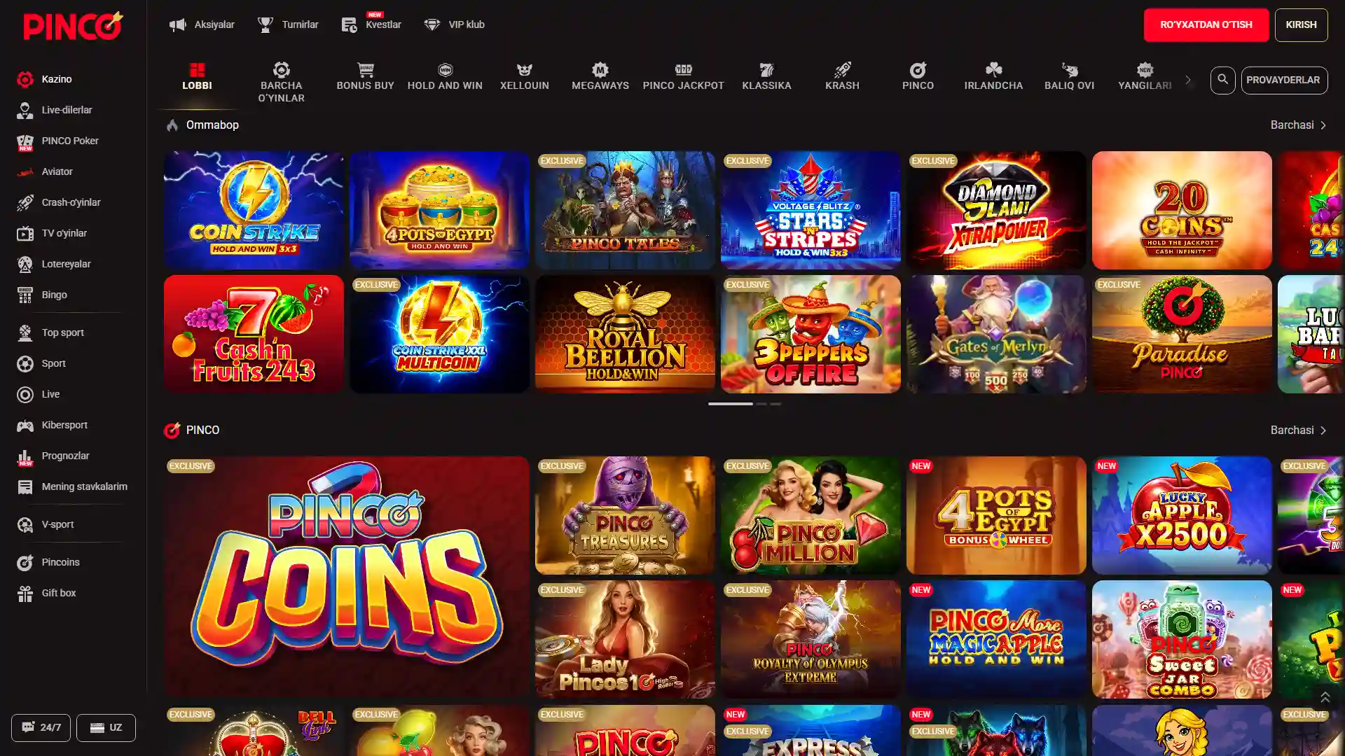 Keng turdagi qiziqarli oʻyinlar jamlangan Pinco casino boʻlimiga kiring.