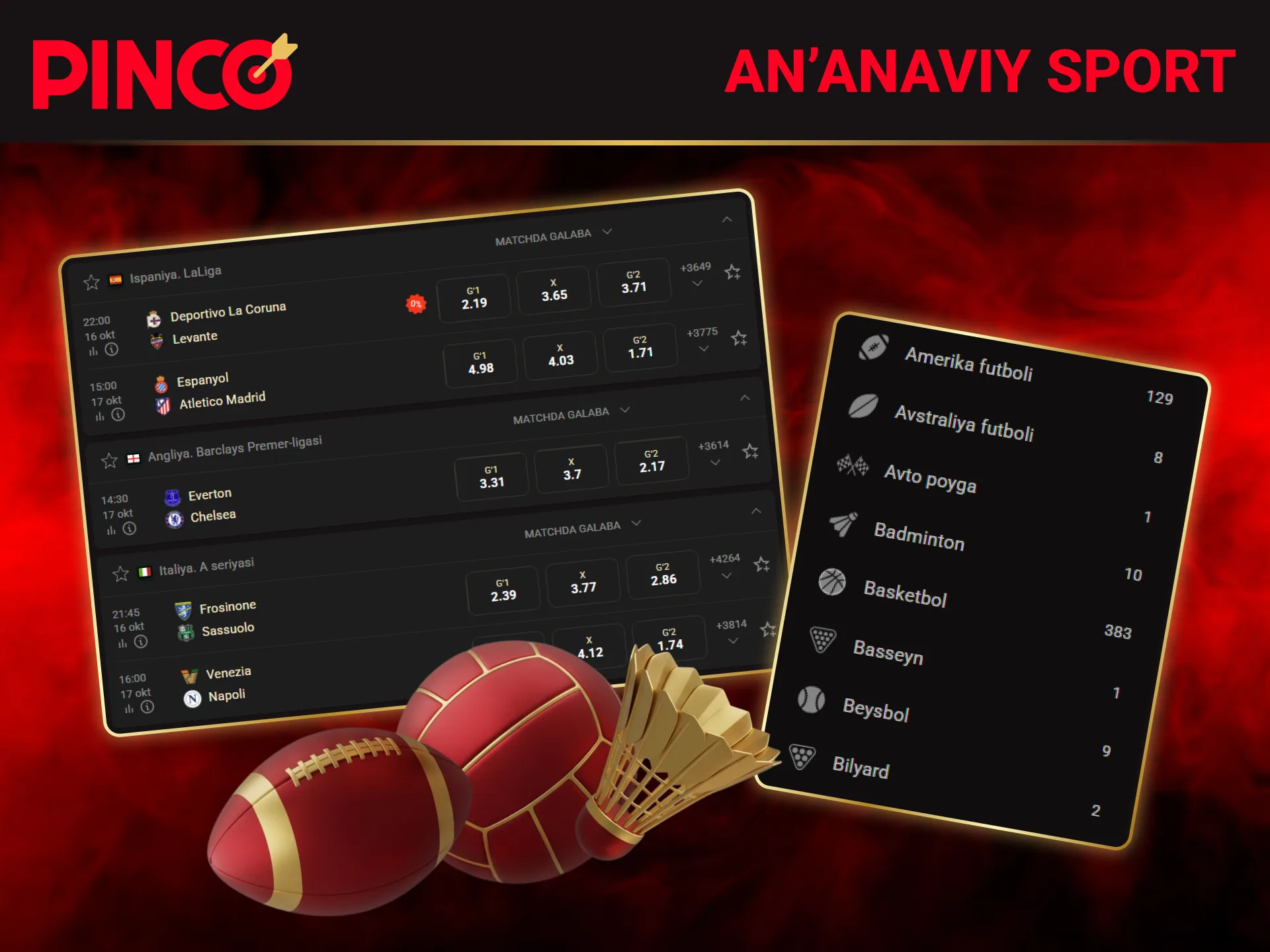 Anʼanaviy sport turlariga eng foydali koeffitsientlar bilan Pinco saytida tiking.