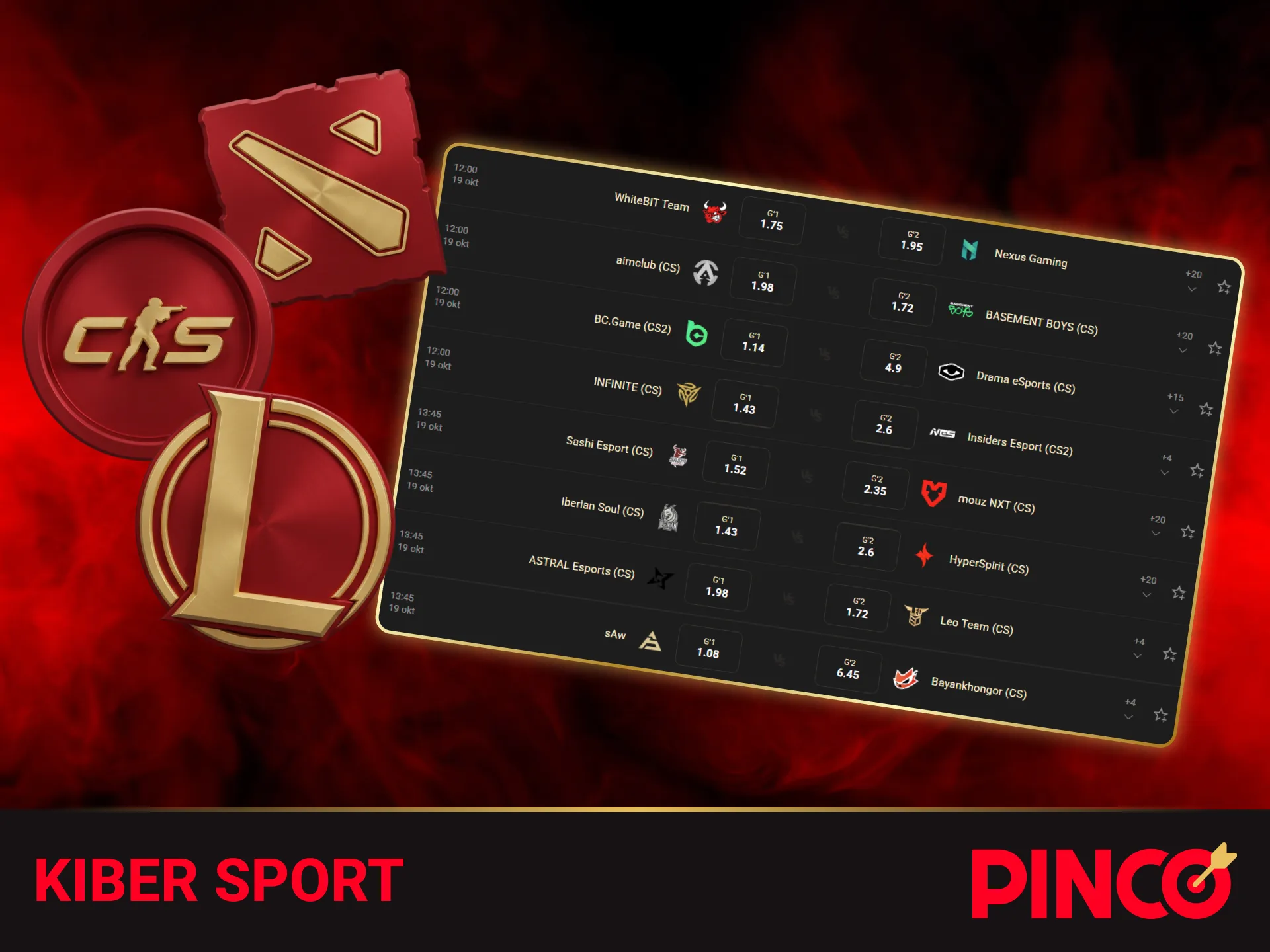 Dunyo miqyosidagi kiber sport turnirlariga Pinco platformasida garovlar bogʻlang.