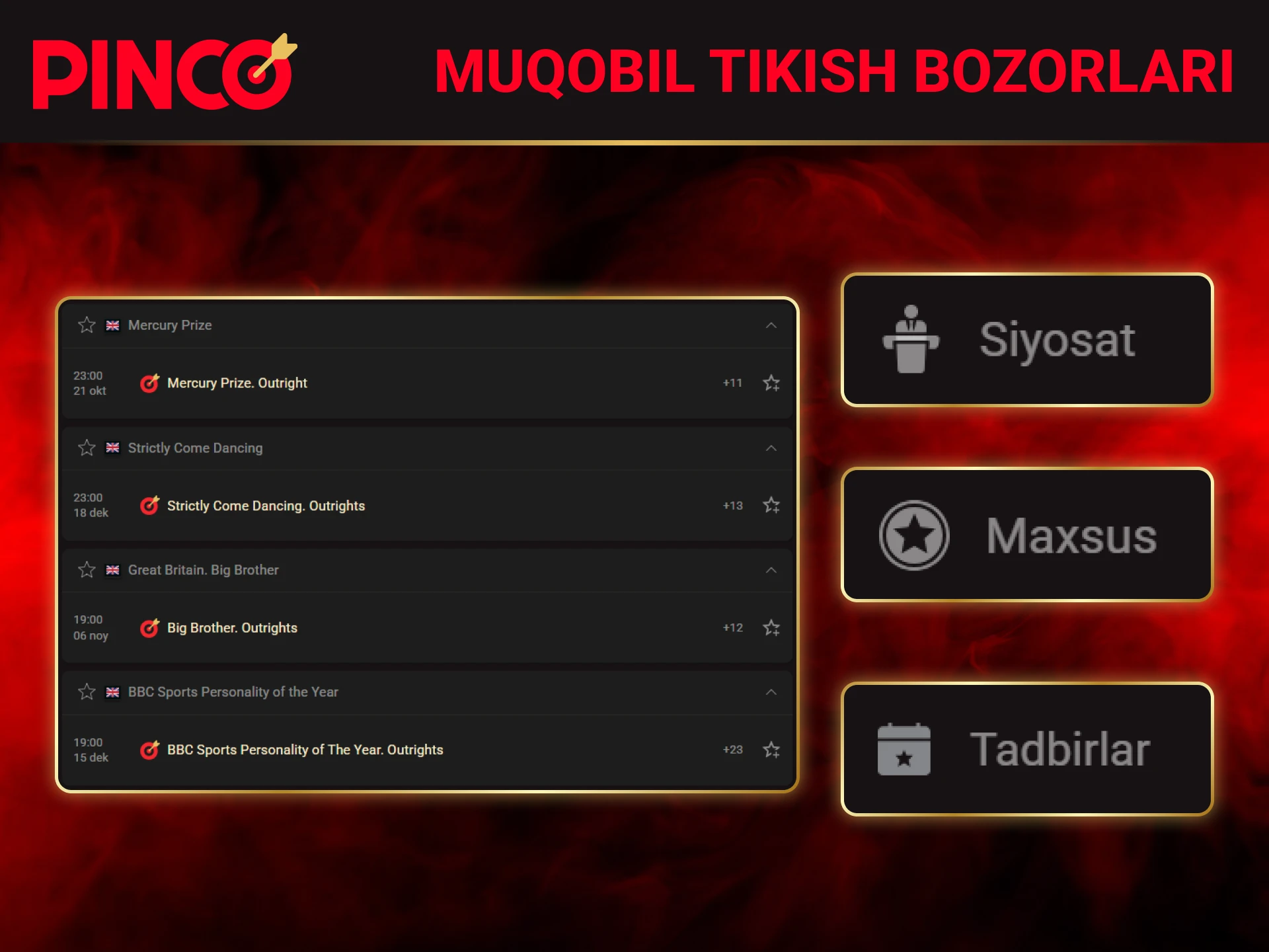 Noodatiy va muqobil tikish bozorlarini Pinco bukmekerlik boʻlimida kashf eting.