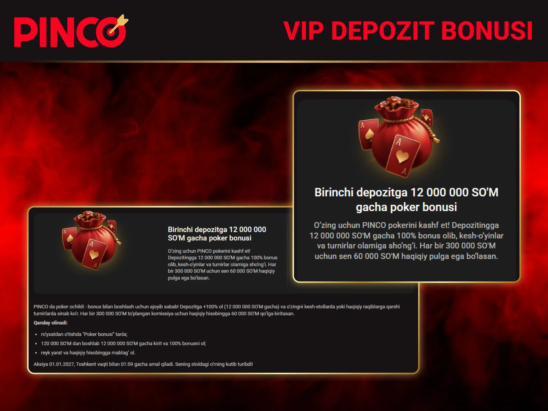 Faol va sodiq foydalanuvchilar uchun moʻljallangan eksklyuziv Pinco VIP depozit bonusi.