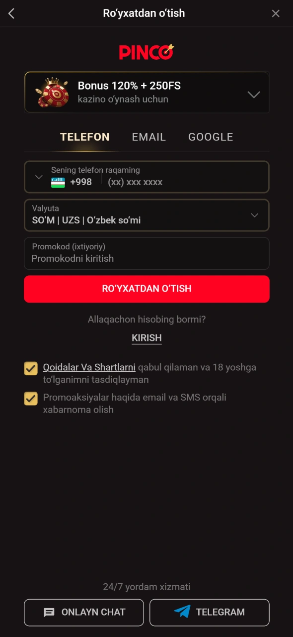 Akkountni tezda oching va Pinco emailingizdagi havola orqali profilni faollashtiring.