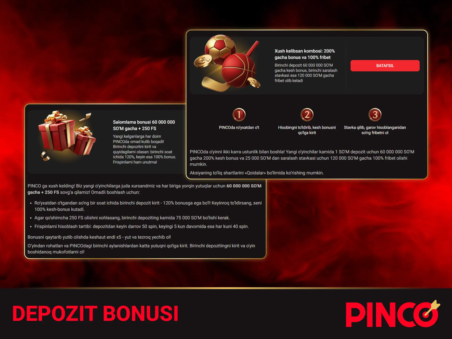 Yangi foydalanuvchilar uchun taqdim etiladigan saxiy Pinco birinchi depozit bonusi.