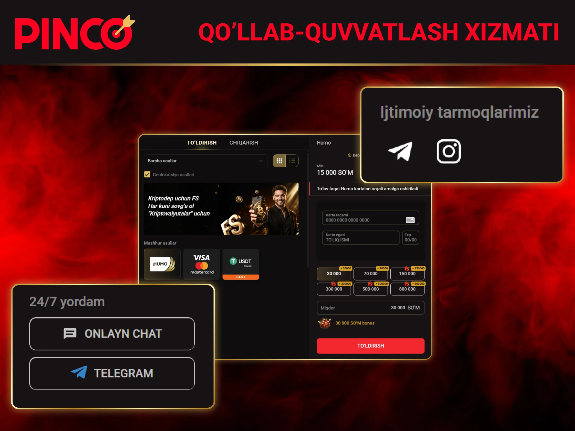 Depozit bilan bogʻliq savollar tugʻilganda Pinco mijozlarni qoʻllab-quvvatlash xizmati.