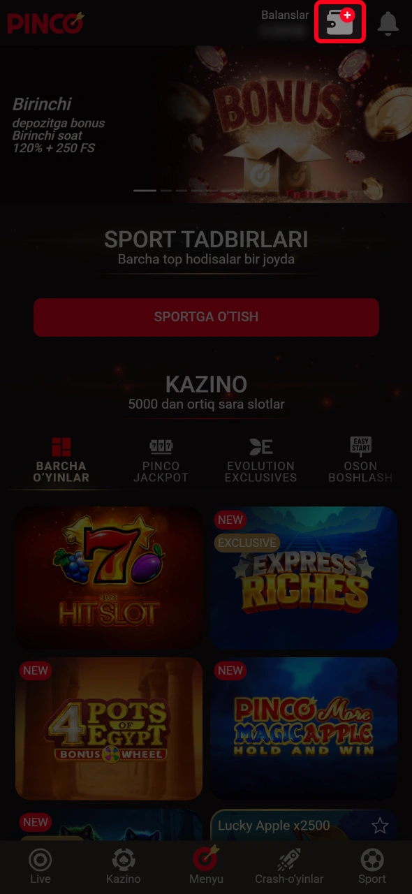 Moliyaviy amallarni bajarish uchun shaxsiy kabinetdagi Pinco Kassa boʻlimini oching.