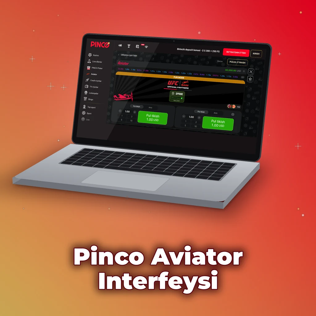 Pinco Aviator interfeysi: so'nggi koeffitsientlar paneli, o'yin maydoni va ikkita tikish paneli