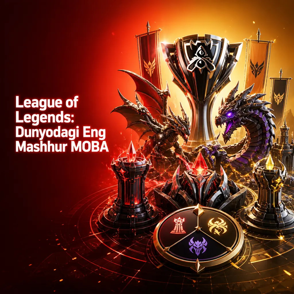 League of Legends MOBA o'yinida ikki jamoa minoralar va bazani himoya qilib, g'alaba uchun kurashmoqda