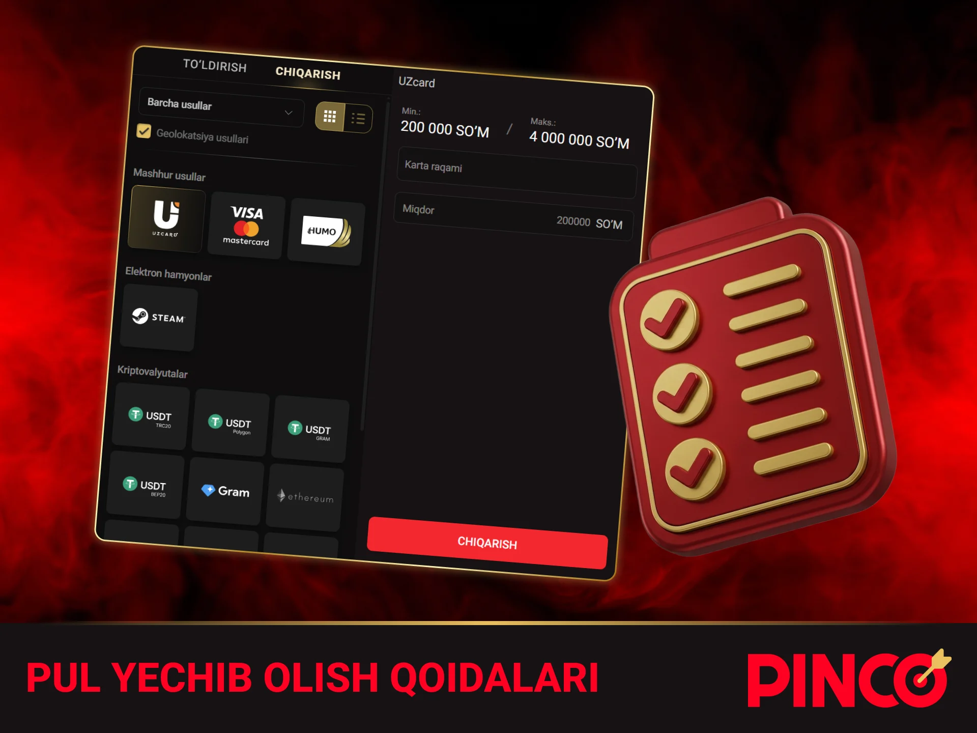 Moliya xavfsizligini ta'minlaydigan Pinco pul yechib olish qoidalari va shartlari.