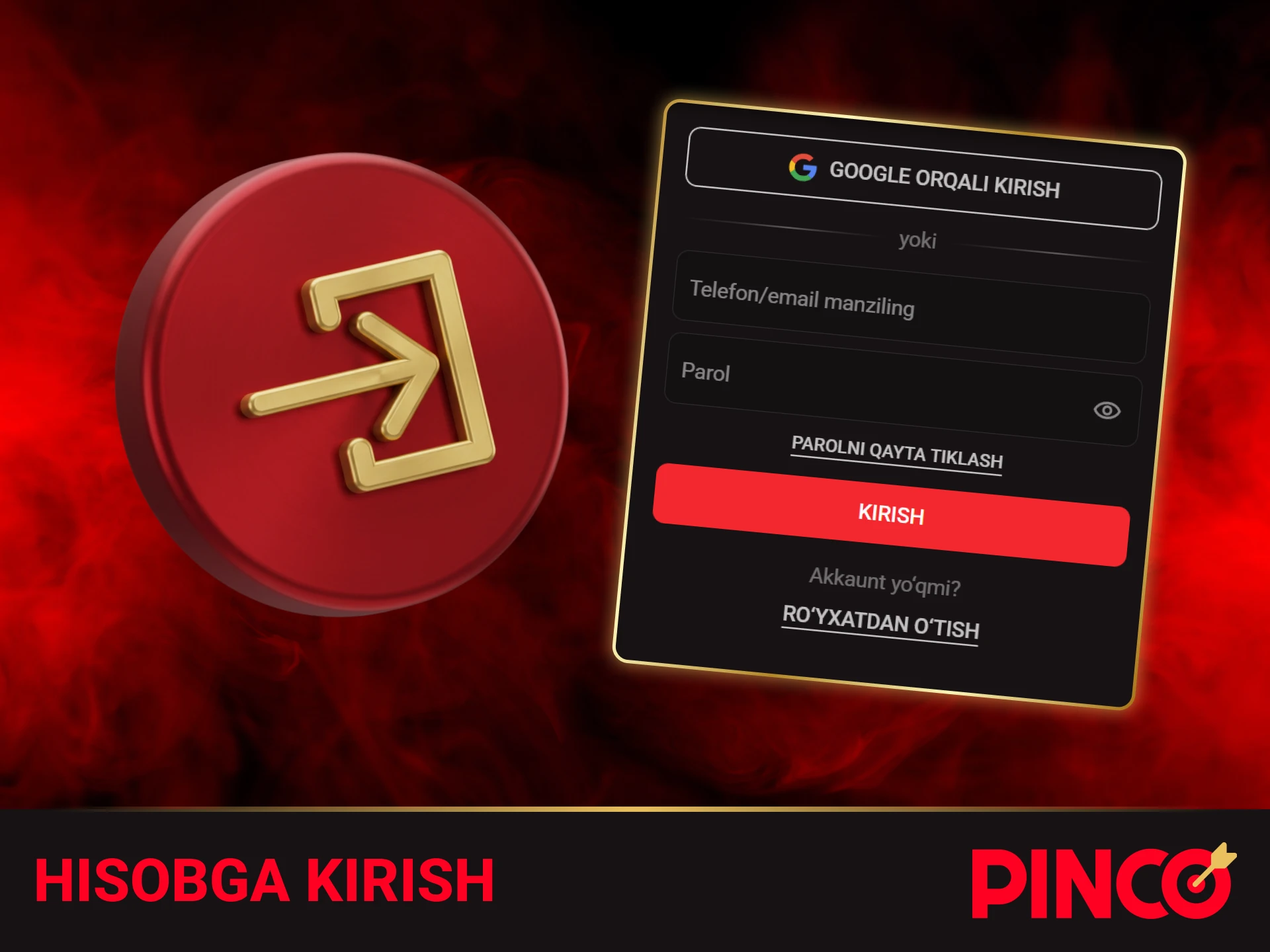 Tizimga muvaffaqiyatli kirish uchun shaxsiy Pinco hisobiga kirish.
