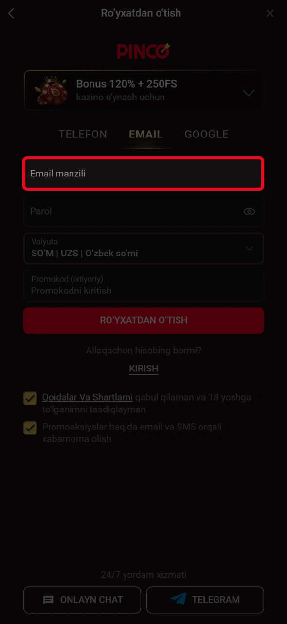 Shaxsiy muloqot va xavfsizlik uchun amaldagi Pinco elektron pochtangizni kiriting.