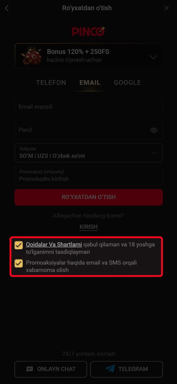 Platforma qoidalariga rozilik bildirib Pinco shartlarini qabul qiling.