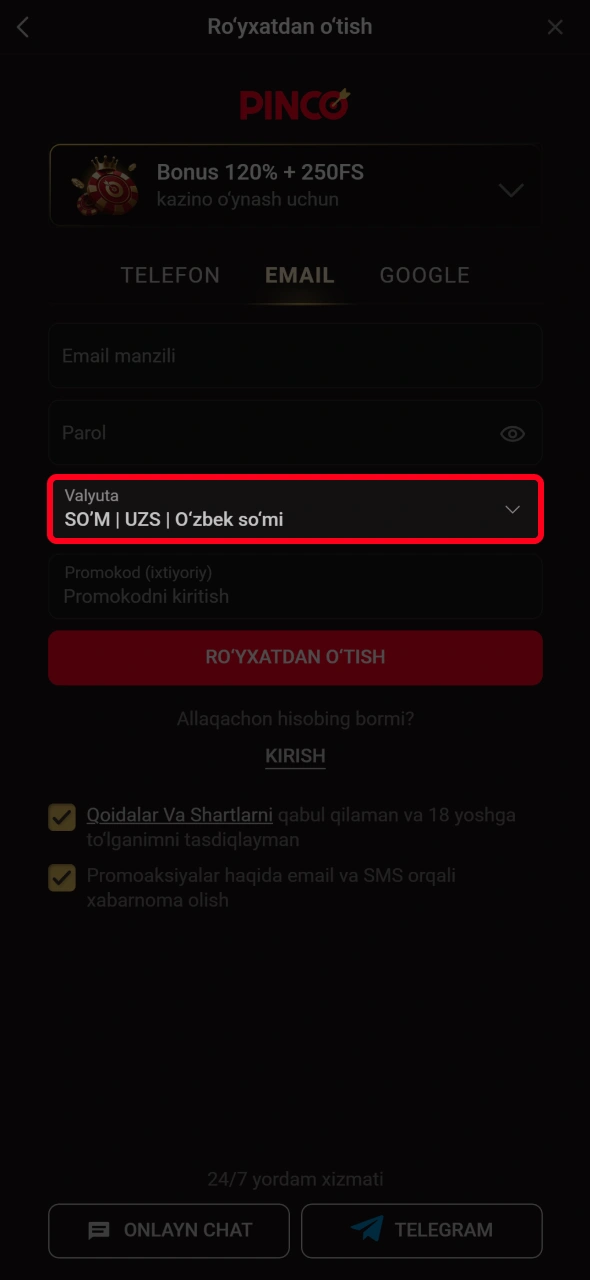 Moliyaviy operatsiyalar uchun qulay boʻlgan valyutani Pinco formasida tanlang.
