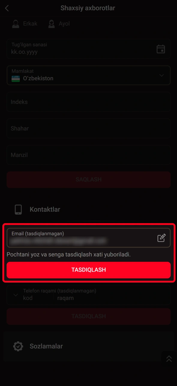 Pochtaga yuborilgan maxsus havola orqali Pinco elektron pochtani tasdiqlash.