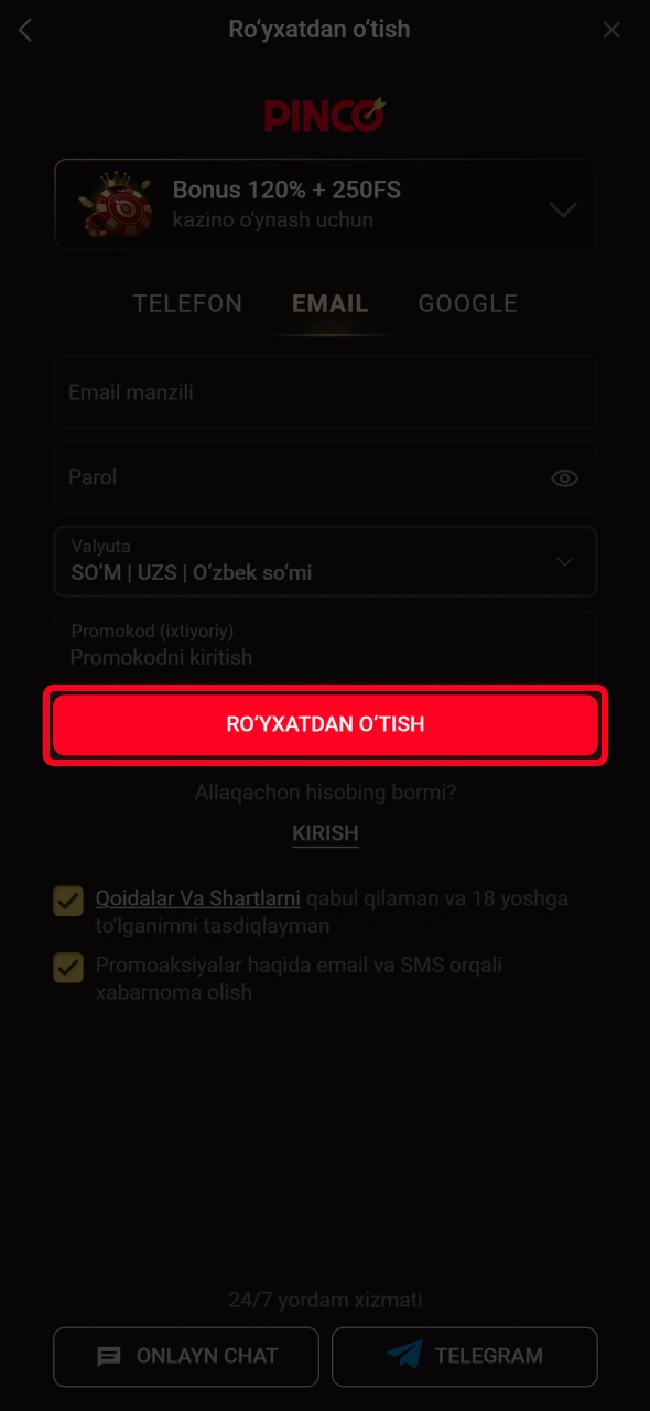 Tugmani bosish orqali yangi Pinco roʻyxatdan oʻtishni muvaffaqiyatli yakunlang.