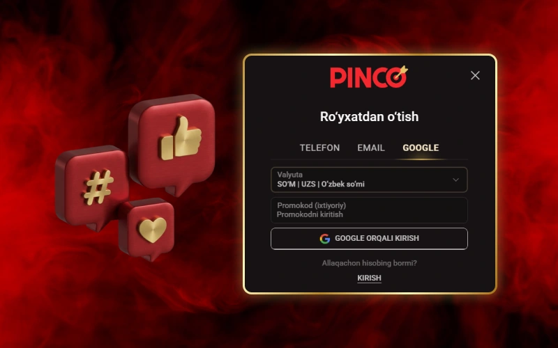 Oʻzingizga qulay ijtimoiy tarmoqlar orqali Pinco platformasiga kiring.