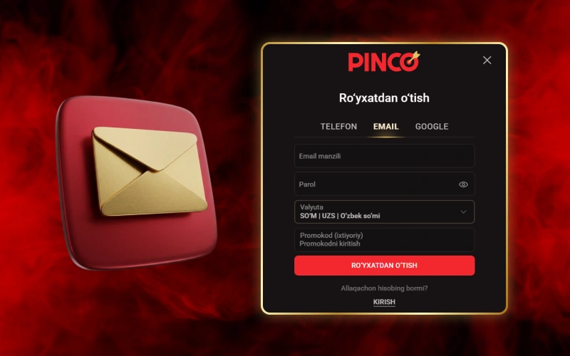 Tizimda yangi profil ochish uchun Pinco elektron pochta varianti.
