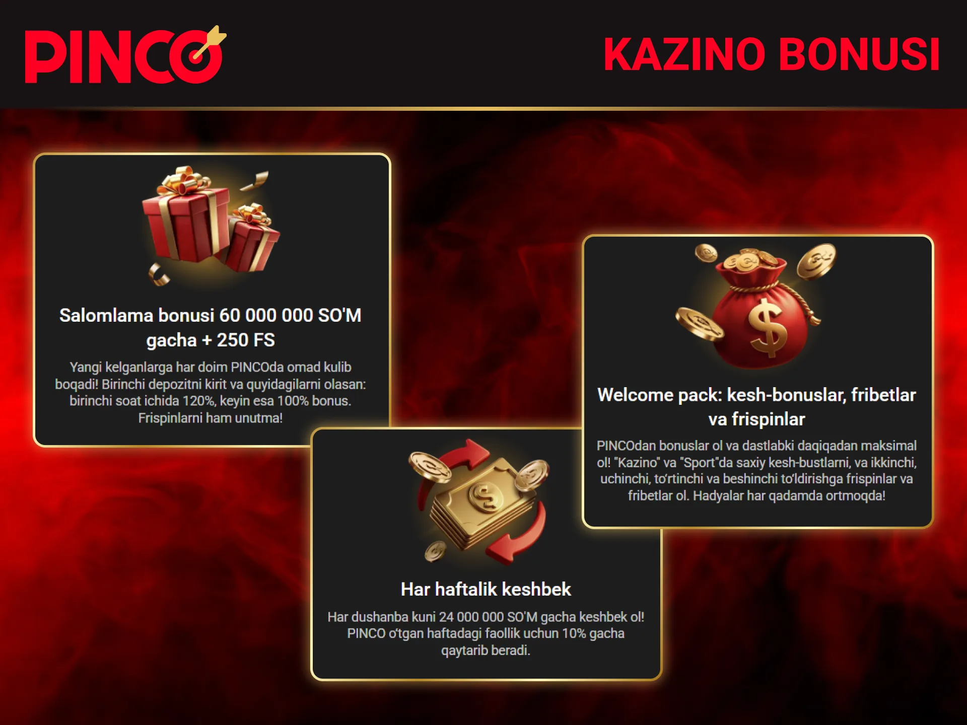 Maxsus takliflar va imkoniyatlarni beruvchi Pinco slot oʻyinlari uchun kazino bonusi.
