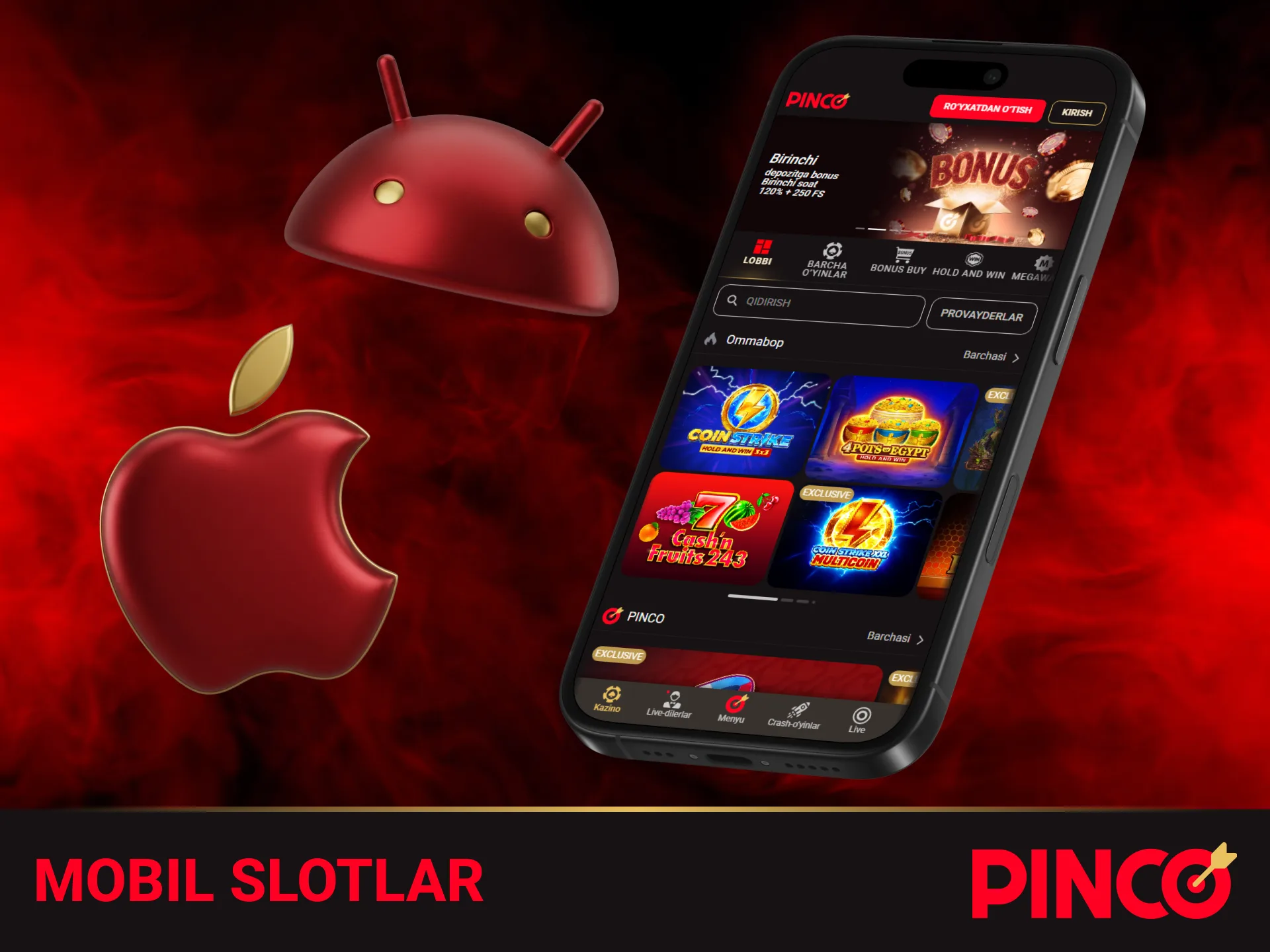 Mobil qurilmalar orqali qulay tarzda Pinco mobil ilovasida slot oʻynash.
